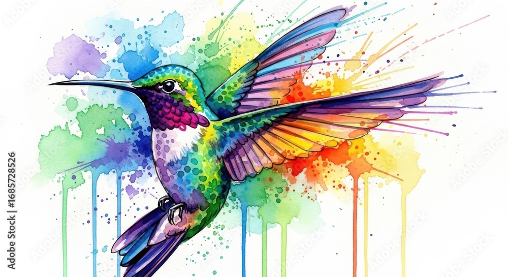 Fototapeta premium Vibrant Watercolor Hummingbird in Flight