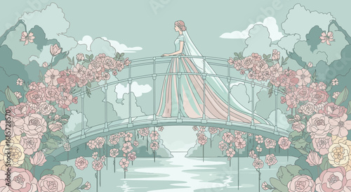 Ethereal bride traversing a flower-adorned bridge in a serene landscape illustration
