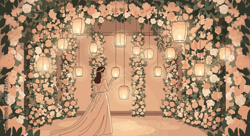 Enchanting floral wedding ceremony scene with bride and decorative lanterns