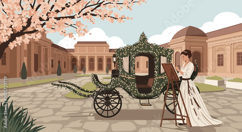 Painter captures the splendor of floral carriage in an opulent landscape setting