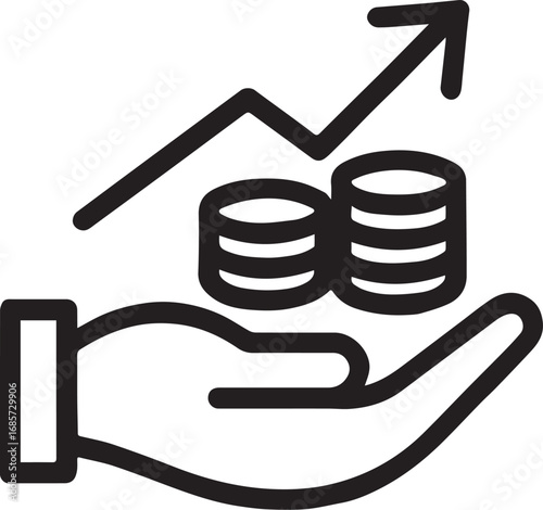 Palm holding upward arrow with coins line vector icon.
