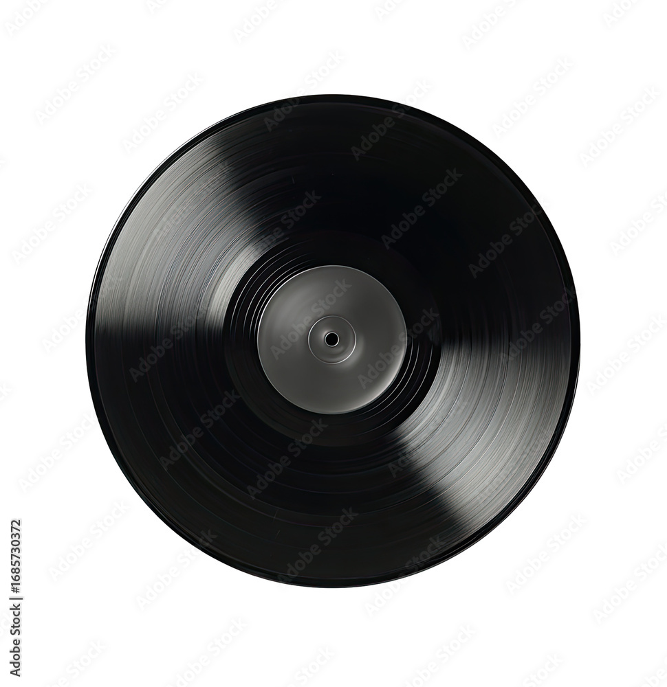 Obraz premium Close-up of a black vinyl record. Dark, glossy, circular disc. Center has a small, light-gray hole. Visible grooves