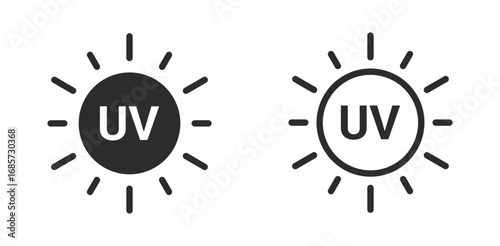 UV sun icons in solid and outline styles representing ultraviolet radiation, sunlight exposure, skin protection, weather forecast, summer heat, climate, and environmental concept