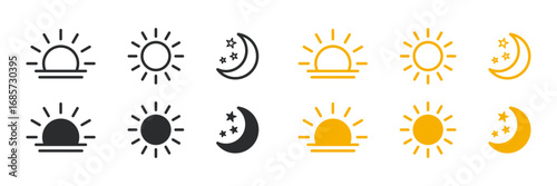 Time of the day icons showing morning sunrise, bright noon sun, evening sunset, and night moon with stars representing daily cycle, weather, astronomy, calendar, and environment concept