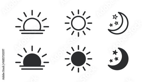 Time of the day icons showing morning sunrise, bright noon sun, evening sunset, and night moon with stars representing daily cycle, weather, astronomy, calendar, and environment concept