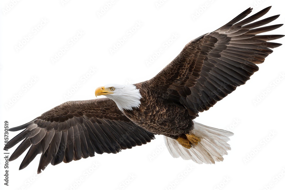 Obraz premium Bald eagle in majestic flight showcasing impressive wingspan against a clear sky