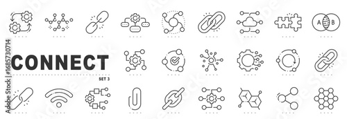 Line icons for connect, network, link, integration and cloud sync. Editable stroke