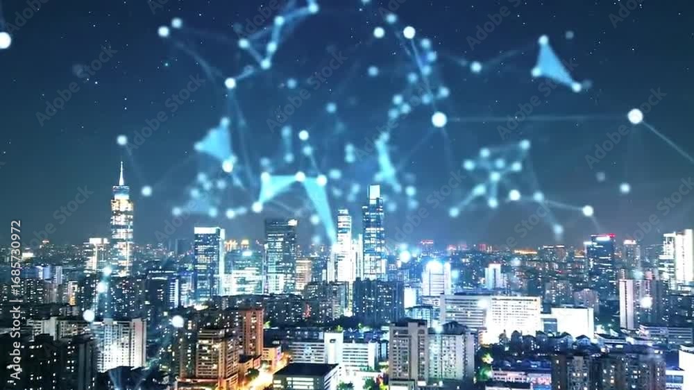 custom made wallpaper toronto digitalOverhead view of a vibrant cityscape at night, overlaid with a luminous blue abstract network of interconnected nodes and lines, symbolizing global connectivity and smart city technology