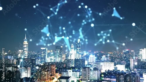 Wallpaper Mural Overhead view of a vibrant cityscape at night, overlaid with a luminous blue abstract network of interconnected nodes and lines, symbolizing global connectivity and smart city technology Torontodigital.ca