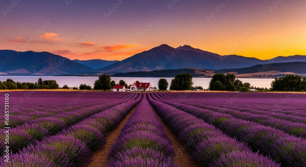 Fototapeta premium Picturesque Lavender Field Sunrise Over Calm Water and Distant Mountains