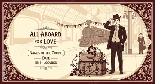 Vintage styled wedding invitation featuring a train station and romantic ambiance