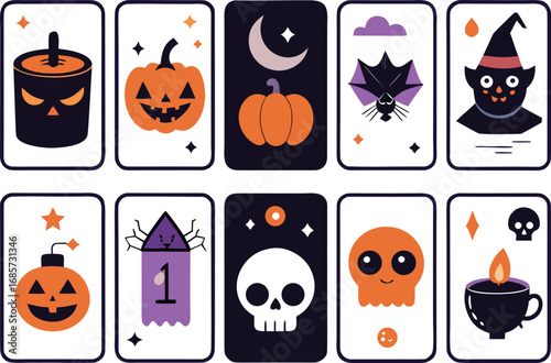 Halloween Tarot Card Set with Pumpkins Skull Bat and Witch