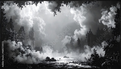A grayscale landscape of majestic peaks
