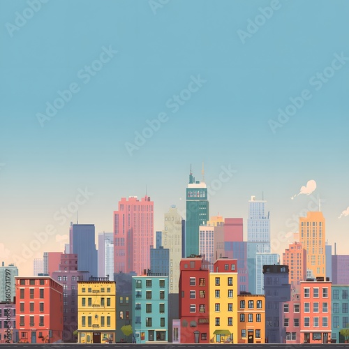 A stylized cityscape with colorful buildings against a bright blue sky in a cartoonish illustration
