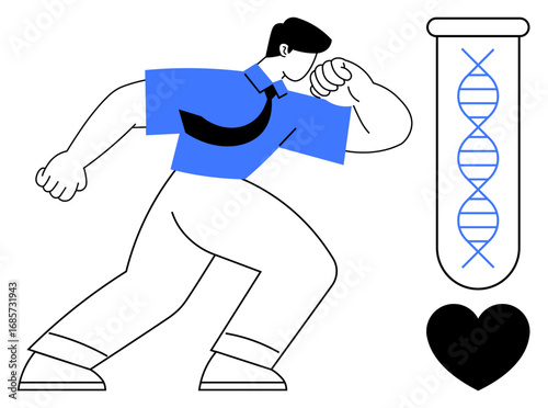 Dynamic person in formal attire flexing beside DNA helix and heart shape, symbolizing innovation, health, and passion. Ideal for science, healthcare, motivation, career, genetics progress simple