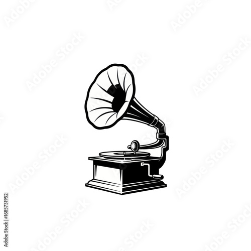 Antique gramophone with large horn speaker.