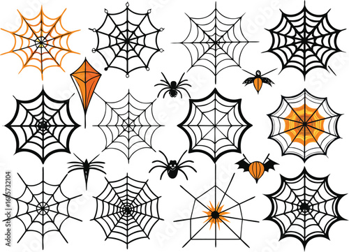 Collection of Halloween Spiderwebs and Spiders for Creepy and Spooky Designs