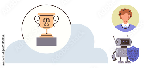 Golden trophy on cloud, robot holding shield, and avatar. Ideal for success, achievement, technology, innovation, robotics user recognition and data security themes. Simple flat metaphor