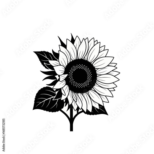 Elegant Black and White Sunflower Illustration.