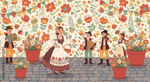 Vibrant illustration of a folk festival with traditional music and dance, celebrating cultural heritage