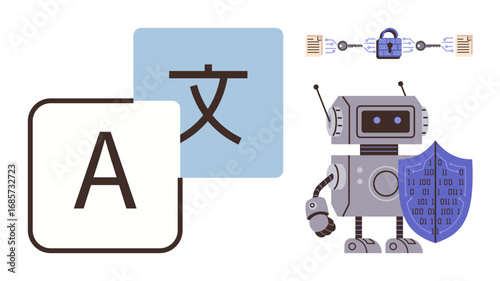 Robot holding shield with binary code, translation tools, blockchain padlock. Ideal for AI, language tech, security, data privacy, blockchain innovation communication. Minimalist flat metaphor
