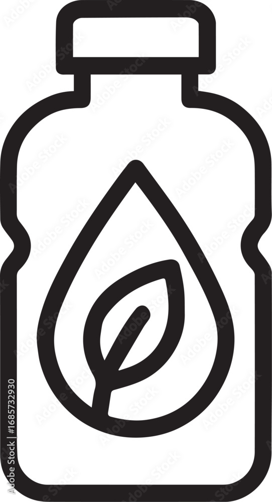 Water bottle with drop and leaf inside line vector icon. Adobe Illustrator Artwork Water bottle with drop and leaf inside line vector icon. Adobe Illustrator Artwork
