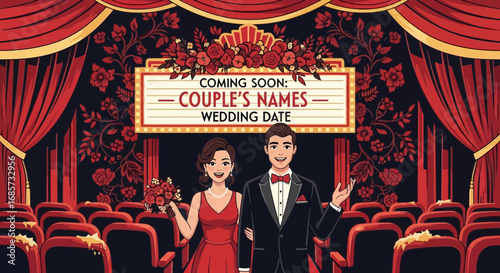 A Theatrical Wedding Invitation Design Featuring a Smiling Couple and a Marquee