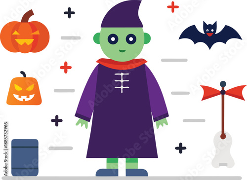 Halloween Cartoon Character with Pumpkin Bat Axe and Other Spooky Elements