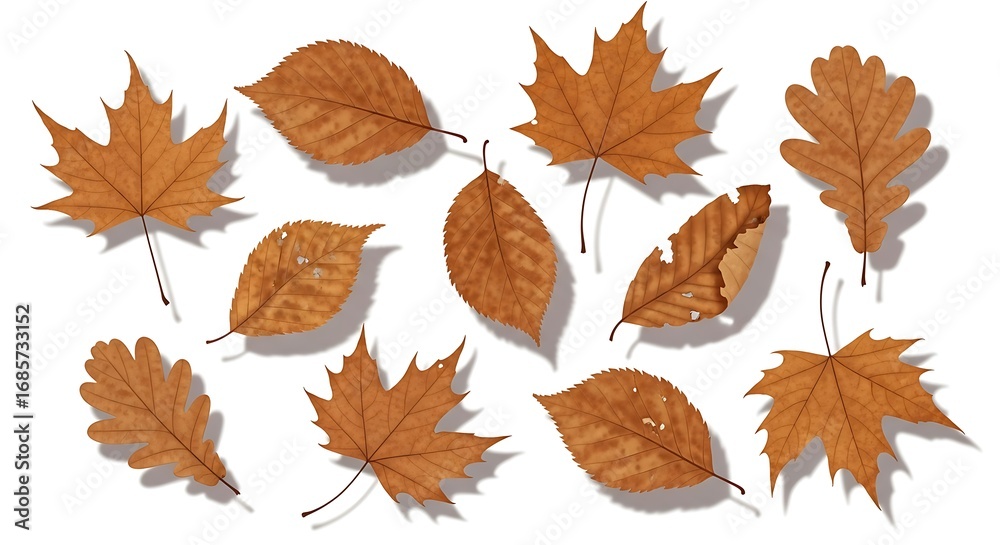 Fototapeta premium Various autumn leaves of different shapes and sizes are displayed over white.