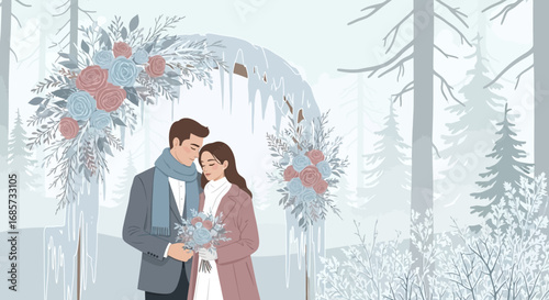 Romantic winter wedding scene with couple under ice arch and floral decorations