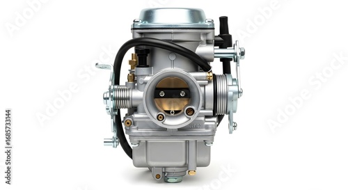 Close up shot of a carburetor with a black hose and silver components on a white background view front