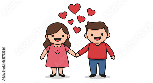 Cartoon couple holding hands with hearts