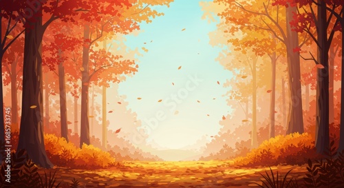 Scenic Fall Woodland Path with Red and Orange Trees – Flat Design Nature Illustration