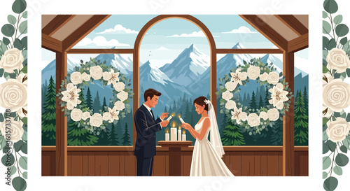 Elegant mountain wedding scene with couple lighting candles in beautiful setting