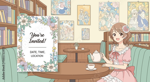 Anime Girl at a Bookstore Cafe Inviting You to an Event with Floral Design Invitation