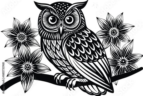 Peaceful Nighttime Owl with Intricate Patterns and Floral Background