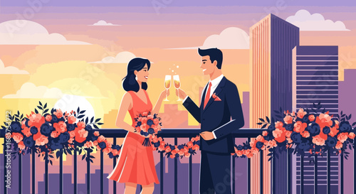 Elegant couple toasting champagne at a cityscape celebration at sunset