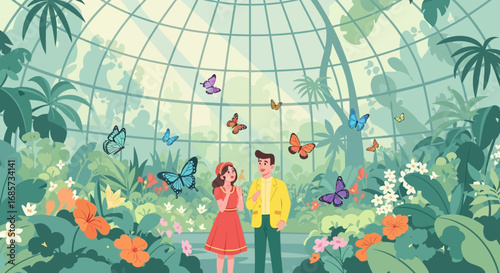 Romantic Illustration of a Couple Surrounded by Butterflies in a Conservatory