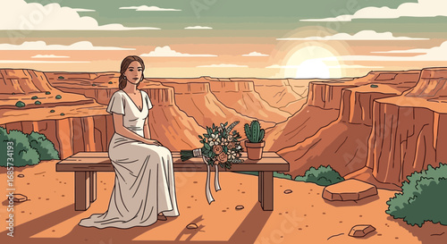 Serene bride resting amid the majestic canyon landscape at sunset