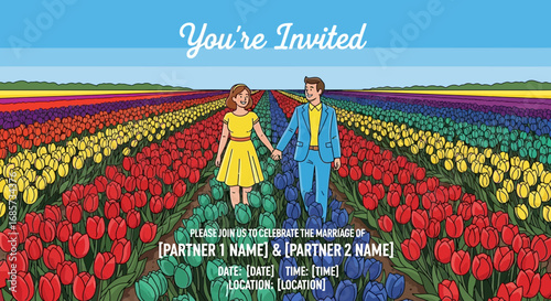 Romantic Tulip Field Wedding Invitation Card for Couples in Love Celebration