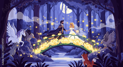 Enchanted forest wedding with mythical creatures under moonlight illustration