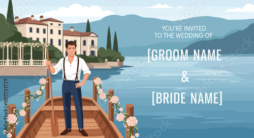Serene lakeside wedding invitation design featuring groom rowing a flower-adorned boat