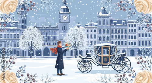 Romantic winter scene with a carriage and floral details in a snowy city backdrop