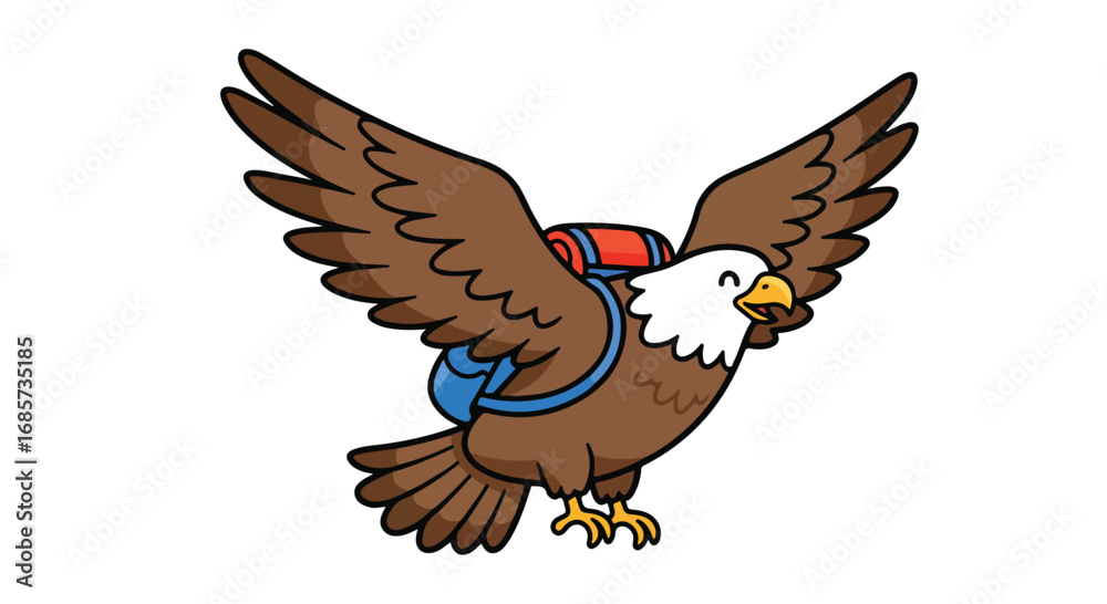 Obraz premium Cartoon eagle with backpack flying