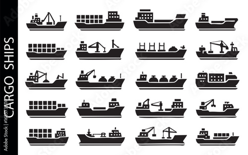 set of black vector icons depicting cargo ships