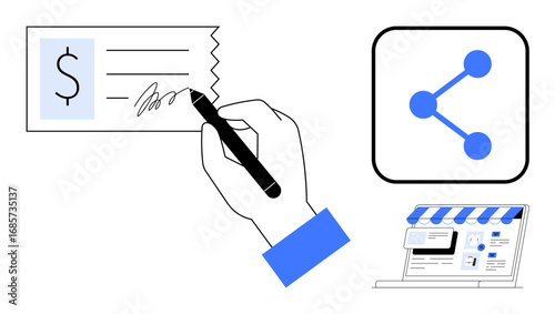 Hand signing a payment check, sharing network symbol, online storefront. Ideal for payment processing, e-commerce, business transactions, digital sharing, entrepreneurship, fintech simple landing
