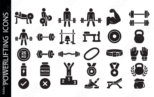 a set of black and white silhouette icons related to powerlifting