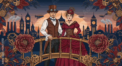 Romantic Steampunk Couple Overlooking the Clockwork City Skyline at Sunset