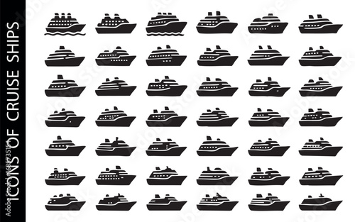 set of black flat icons with cruise ships