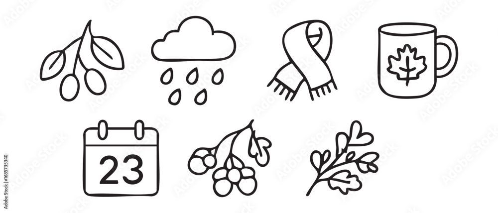 Fototapeta premium A collection of 8 linear autumn icons, each representing different elements.